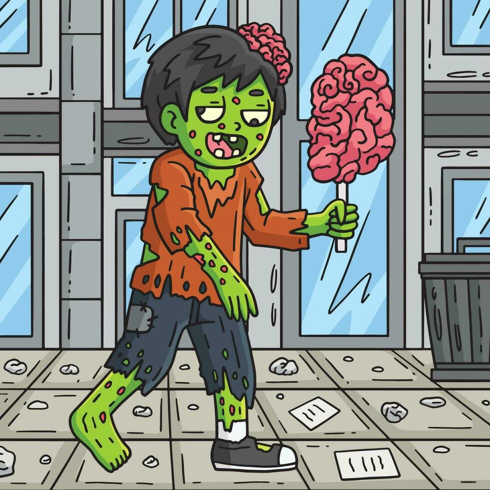 zombie äter hjärna på en pinne färgad tecknad serie vektor