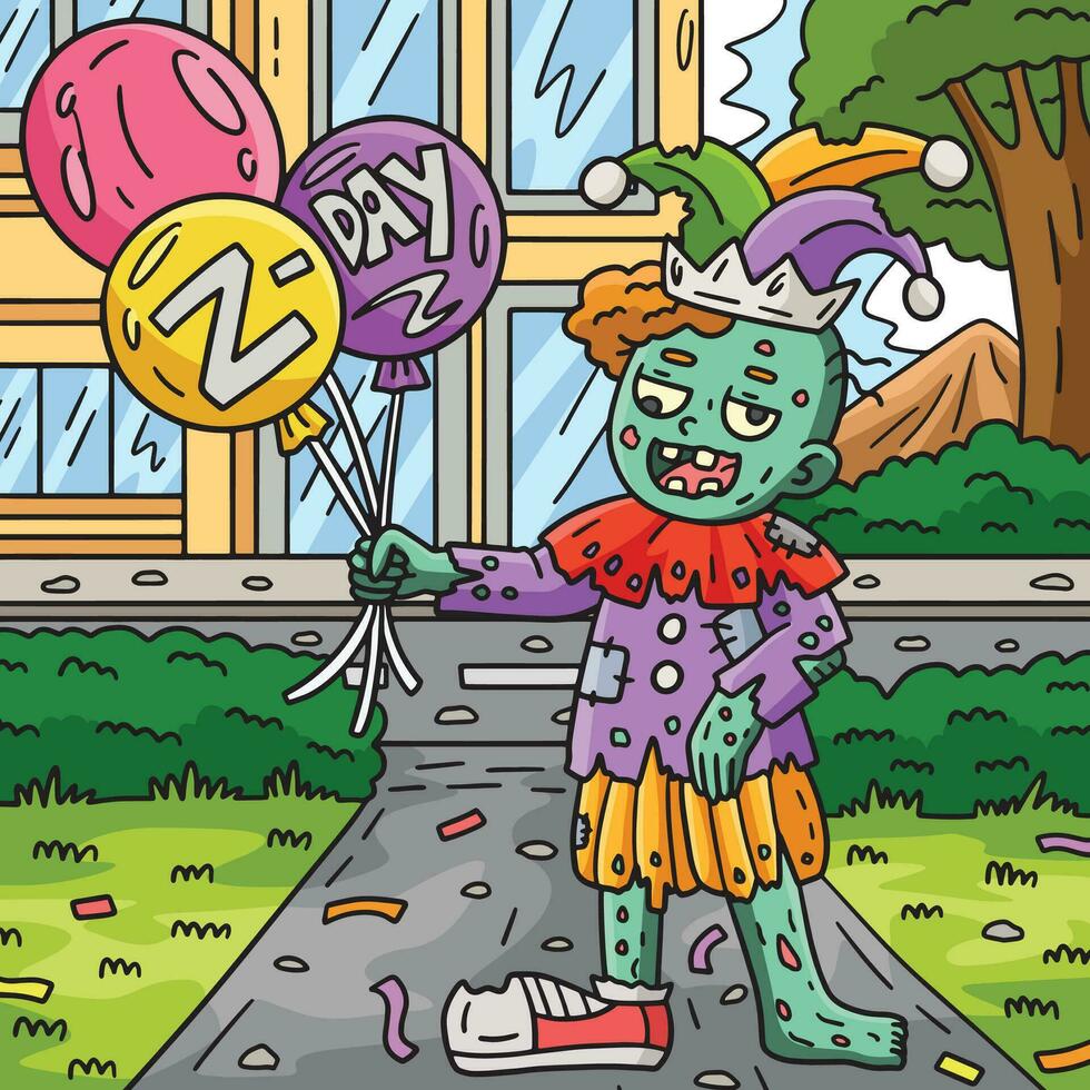 zombie clown med ballonger färgad tecknad serie vektor