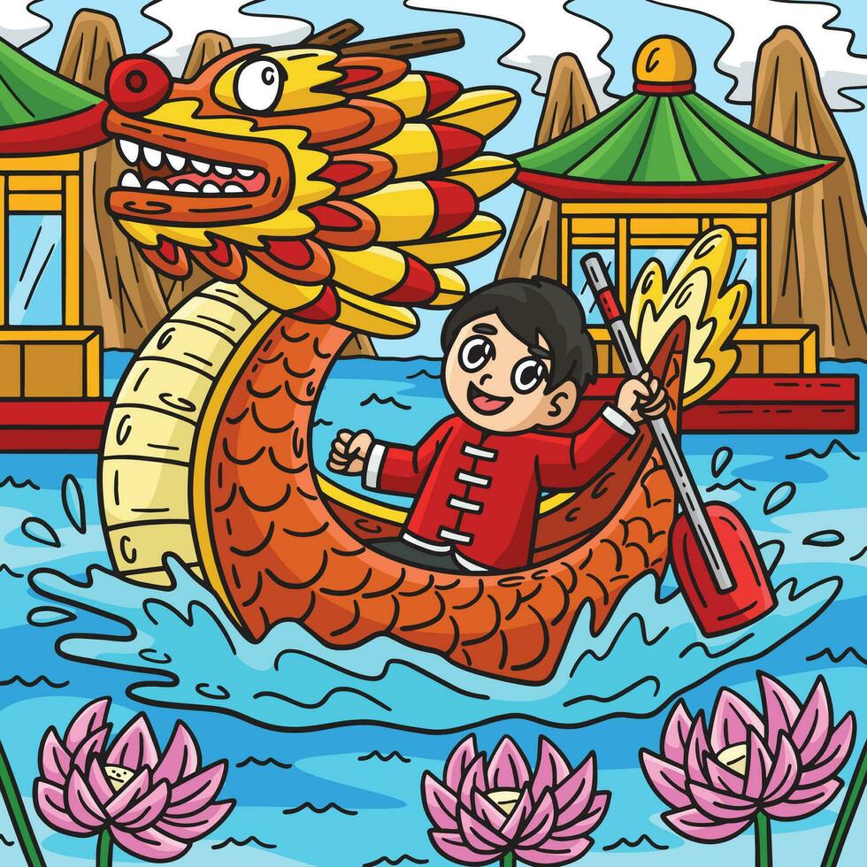 Jahr von das Drachen Drachen Boot farbig Karikatur vektor