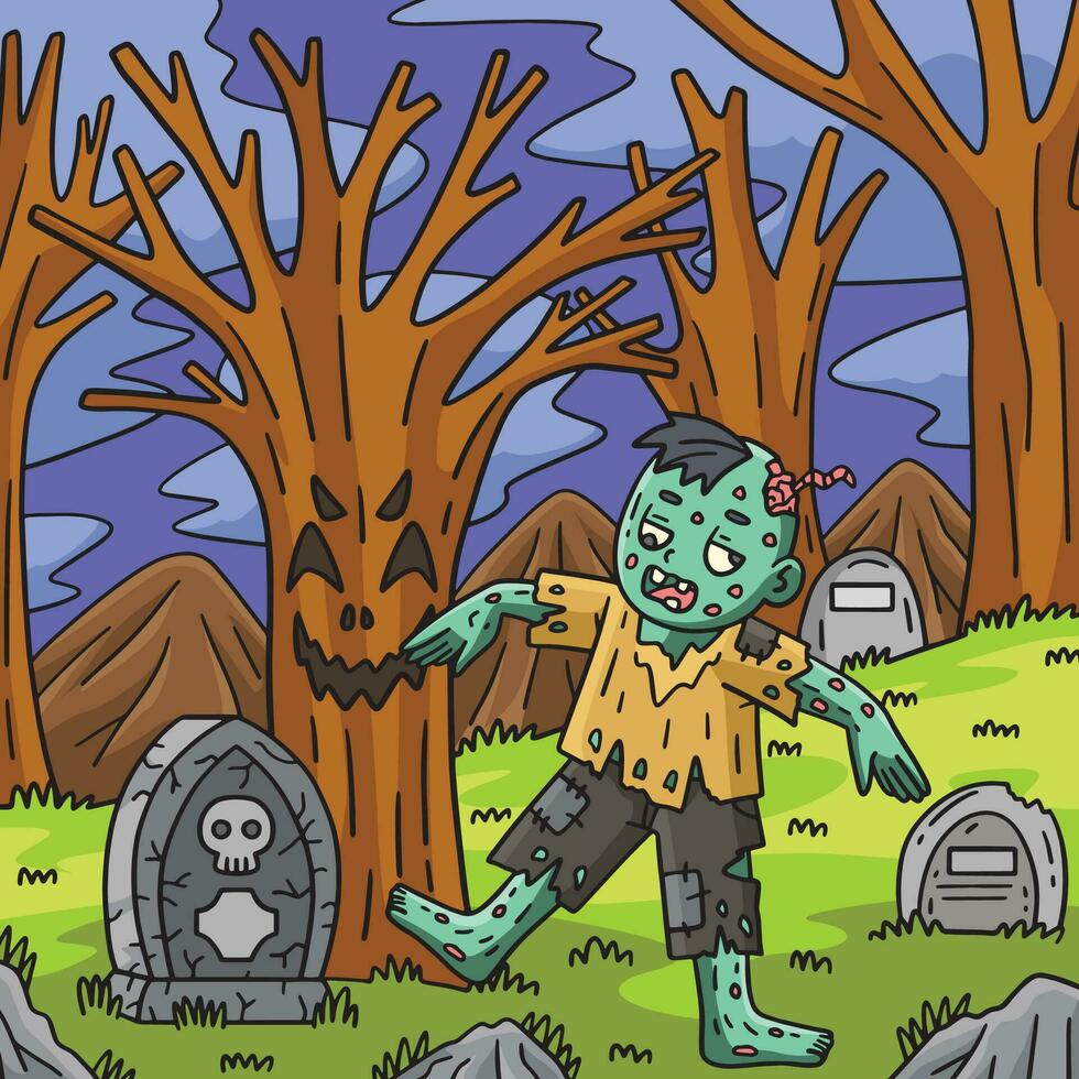zombie under de läskigt träd färgad tecknad serie vektor