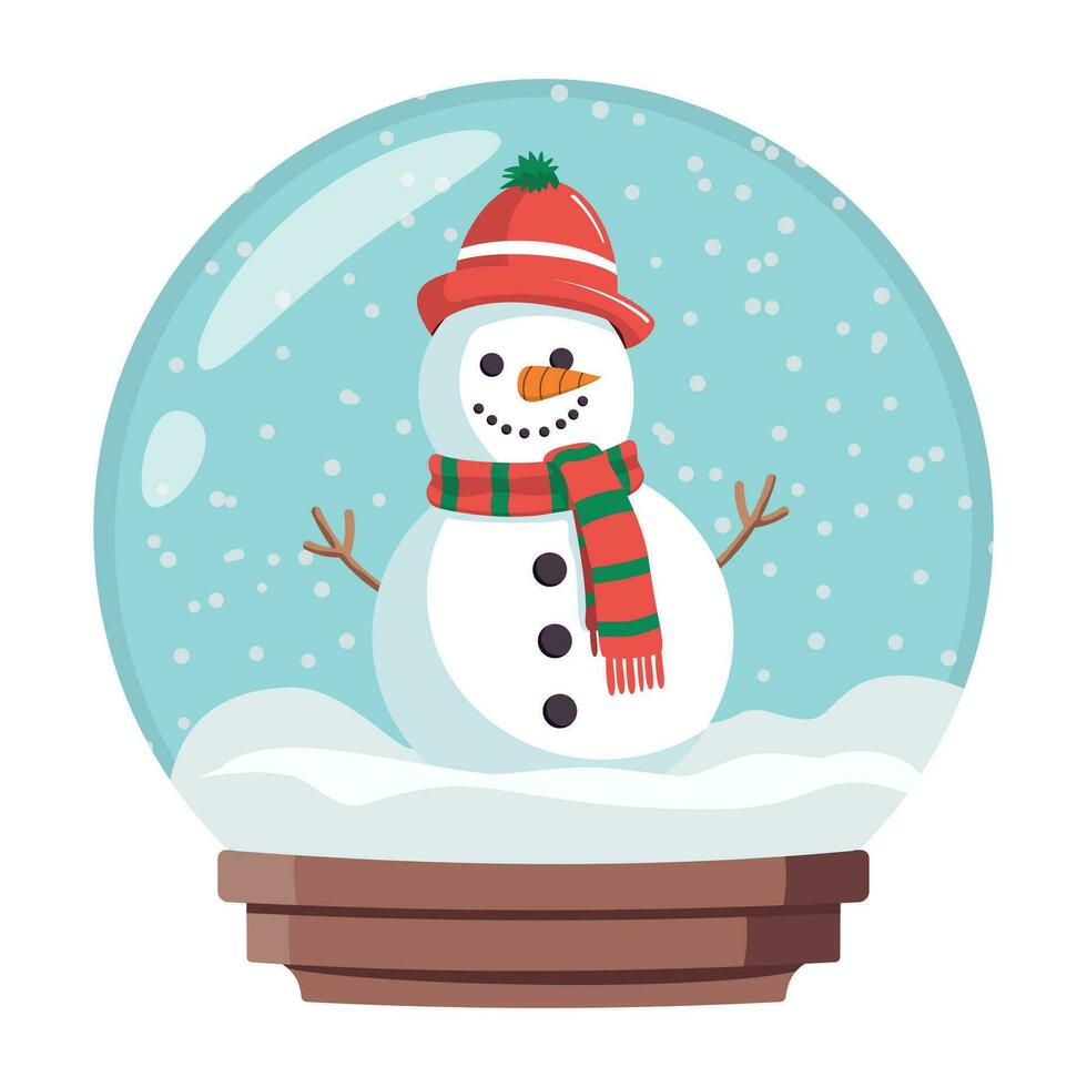 tecknad serie snö klot med snögubbe i en röd scarf och hatt. vektor illustration. vinter- säsong- platt vektor illustration. symbol av jul och Lycklig ny år