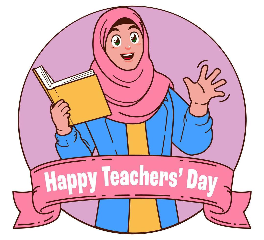 Lycklig lärare dag med muslim kvinna lärare bärande böcker vektor