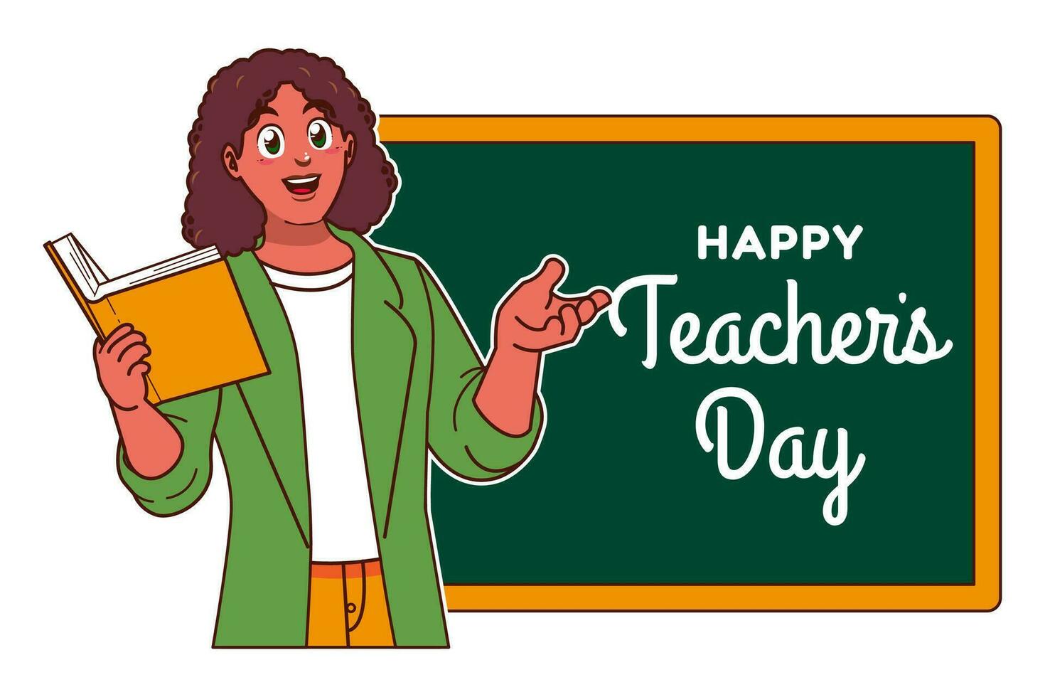 glücklich Lehrer Tag mit schwarz weiblich Lehrer und Tafel vektor