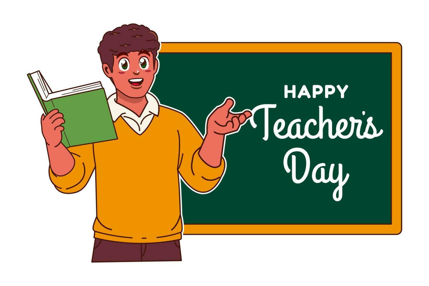 glücklich Lehrer Tag mit schwarz männlich Lehrer und Tafel vektor
