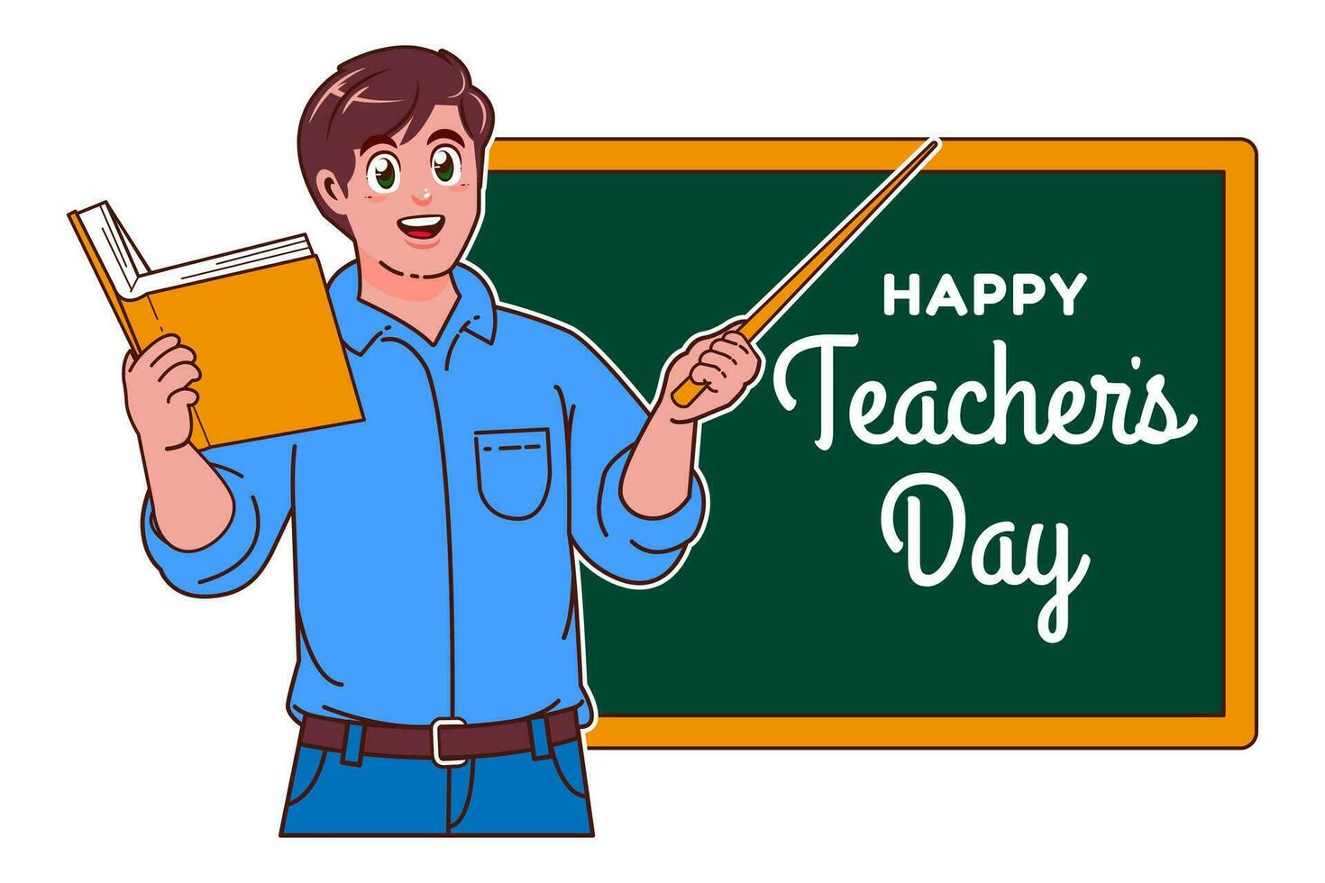 glücklich Lehrer Tag mit männlich Lehrer und Tafel vektor