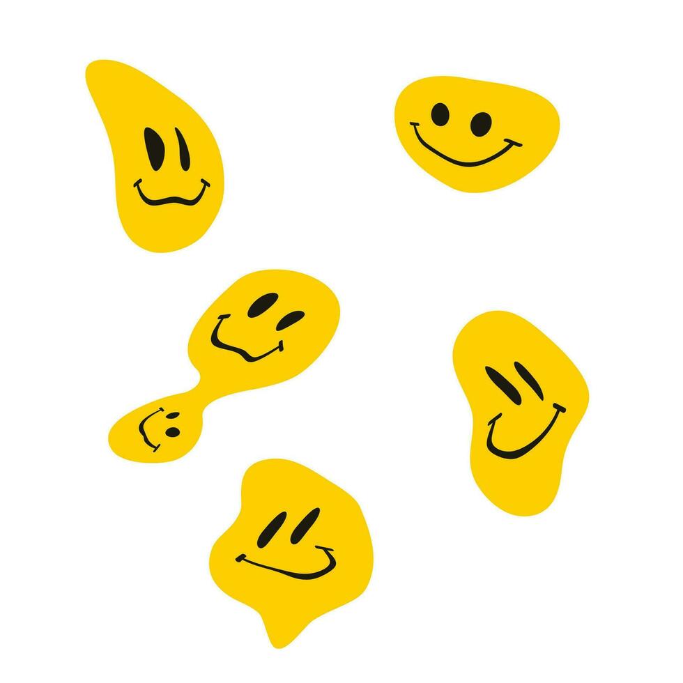 vektor psychedelic gul droppa smälta smiley uppsättning. flytande ansikte med leende illusion overkligt kreativ Lycklig sig