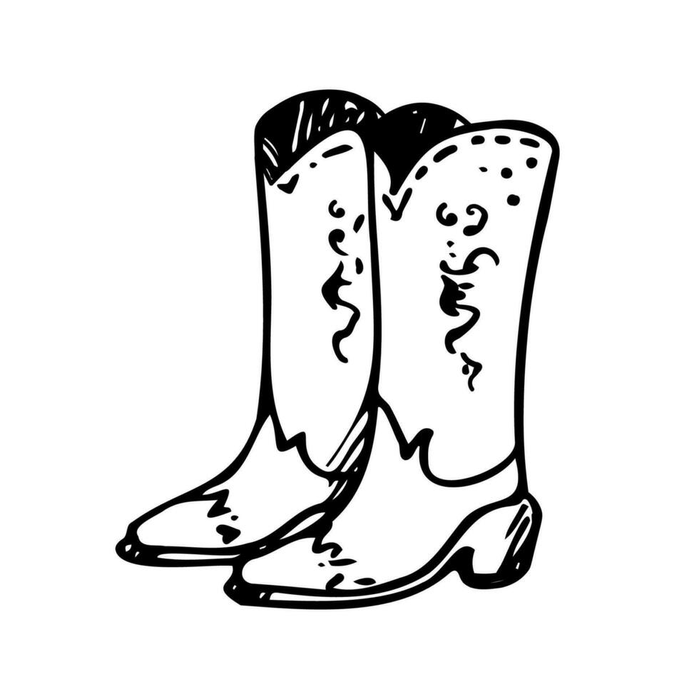 Cowboy Stiefel freihändig Vektor Illustration. Hand gezeichnet Schuhe, Cowboy Thema wild Westen Konzept, Western, Hirte Leben. Design Element zum drucken T-Shirt, Papier, Logo, Karte, Poster, Vorlage, Hintergrund