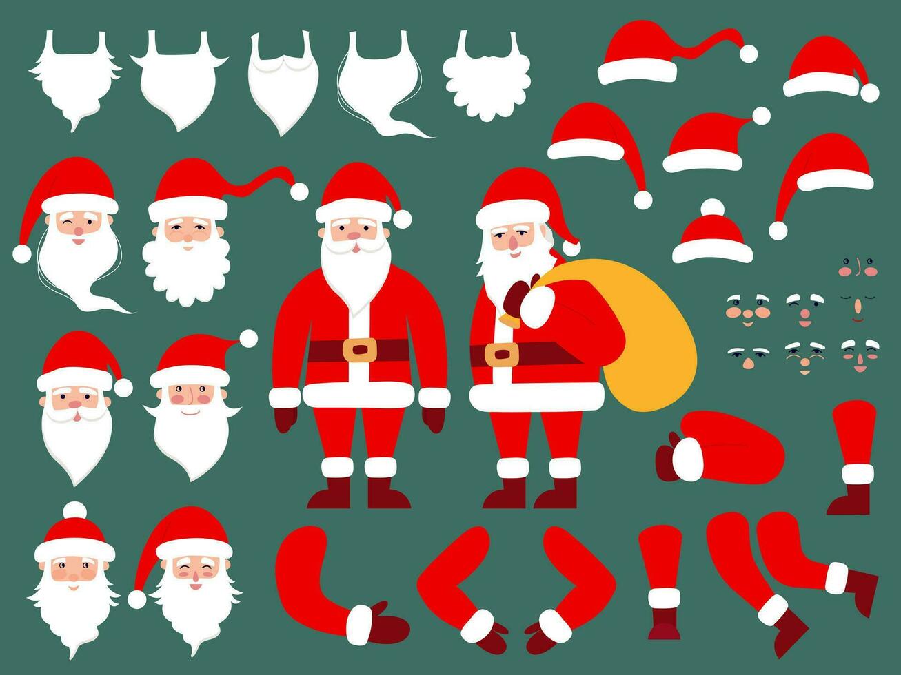 Konstrukteur von Santa claus eben Stil. anders Gesichter, Weihnachten Hüte, Schnurrbart, Bart und Körper Teil Vektor Satz. Santa claus Schaffung Kit Vektor eben Stil.