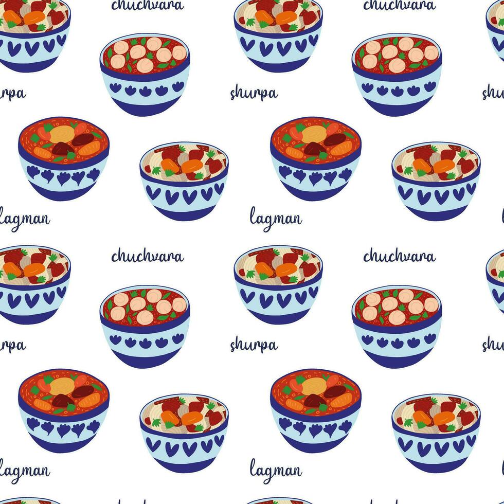 Muster mit zentral asiatisch Küche Suppen Karikatur Stil. Lagman, chuchvara und shurpa im Schüssel Vektor nahtlos Muster