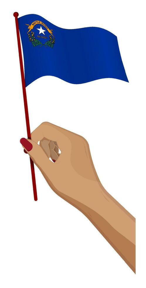 weiblich Hand sanft hält klein Flagge von amerikanisch Zustand von Nevada. Urlaub Design Element. Karikatur Vektor auf Weiß Hintergrund