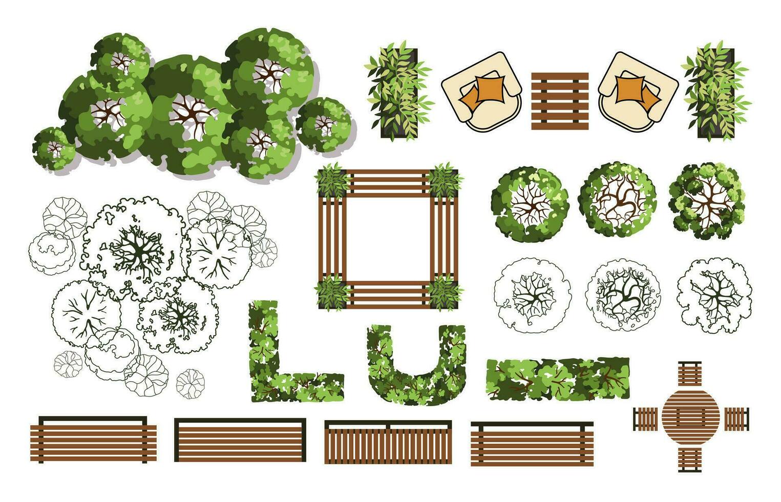 oben Aussicht Elemente zum das Landschaft Design planen. Bäume und Bänke zum architektonisch Fußboden Pläne. Matze Garten. verschiedene Bäume, Gebüsch, und Sträucher. Vektor Illustration.