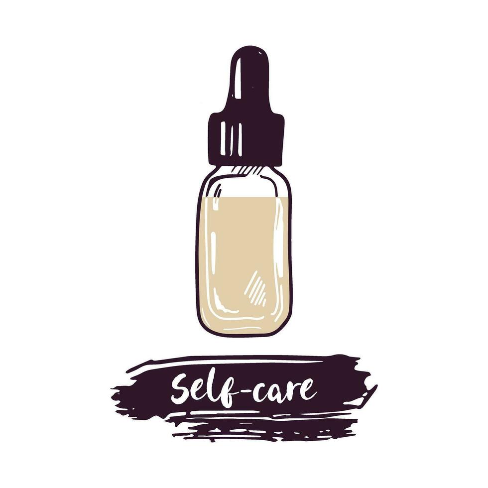 handgemalt Serum Flasche mit Pipette, Schönheit kosmetisch Element, selbst Pflege. Illustration zum Schönheit Salon, kosmetisch speichern, bilden Design. Gekritzel skizzieren Stil. vektor