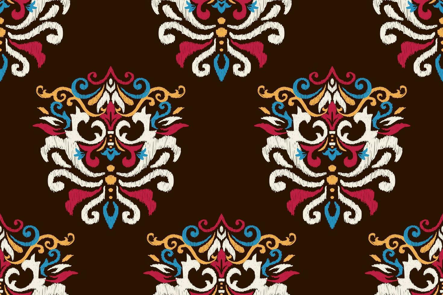 ikat blommig paisley broderi på brun bakgrund.ikat etnisk orientalisk sömlös mönster traditionell.aztec stil abstrakt vektor illustration.design för textur, tyg, kläder, inslagning, dekoration.