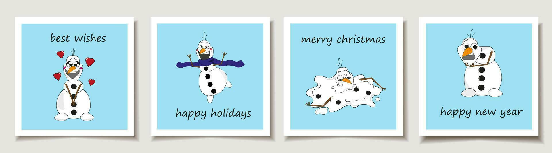 jul vektor gåva kort eller märka uppsättning söt tecknad serie jul snowmen tecken. söt damer. glad jul text, bäst lyckönskningar