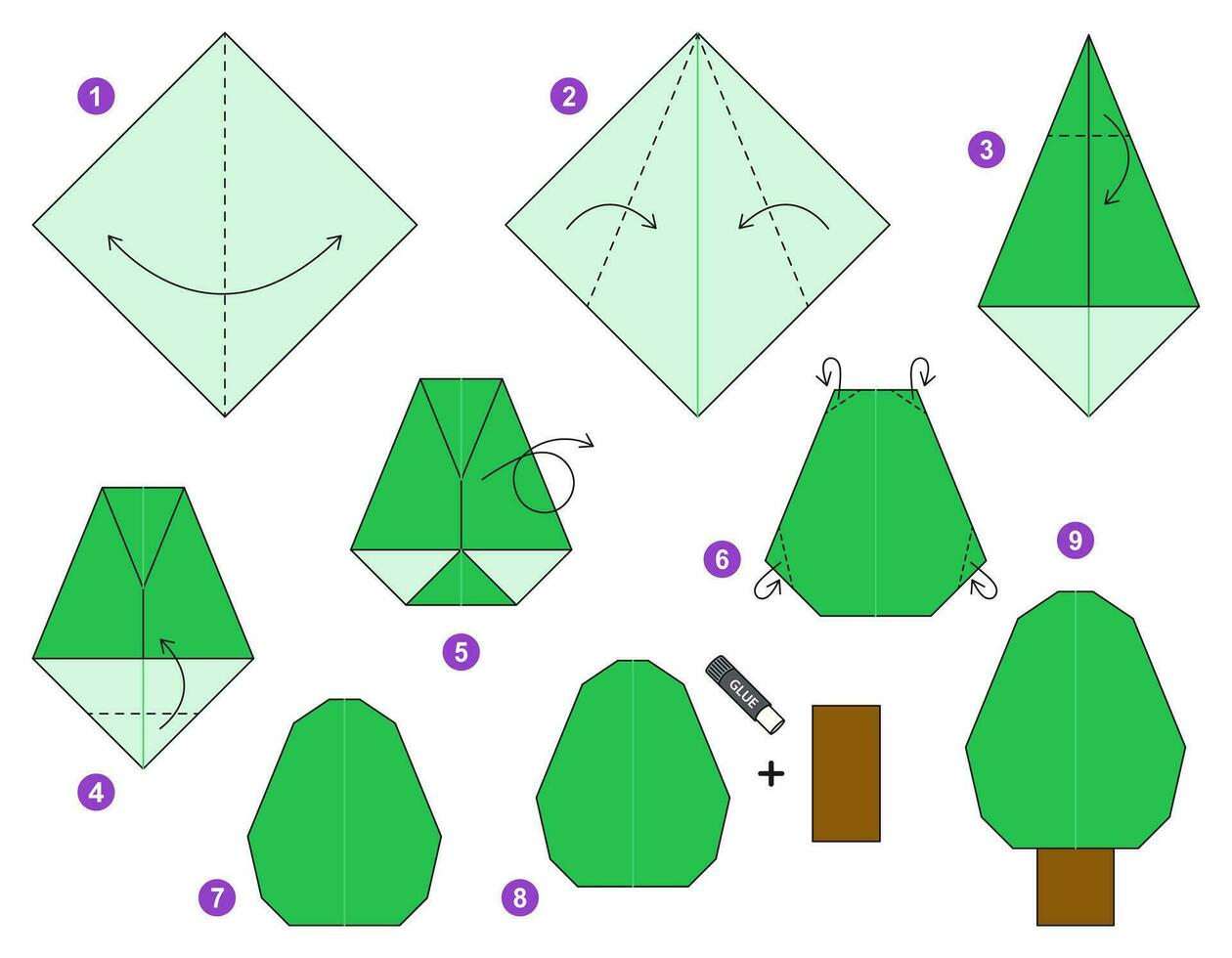 Baum Origami planen Lernprogramm ziehen um Modell. Origami zum Kinder. Schritt durch Schritt Wie zu machen ein süß Origami Eiche Baum. Vektor Illustration.