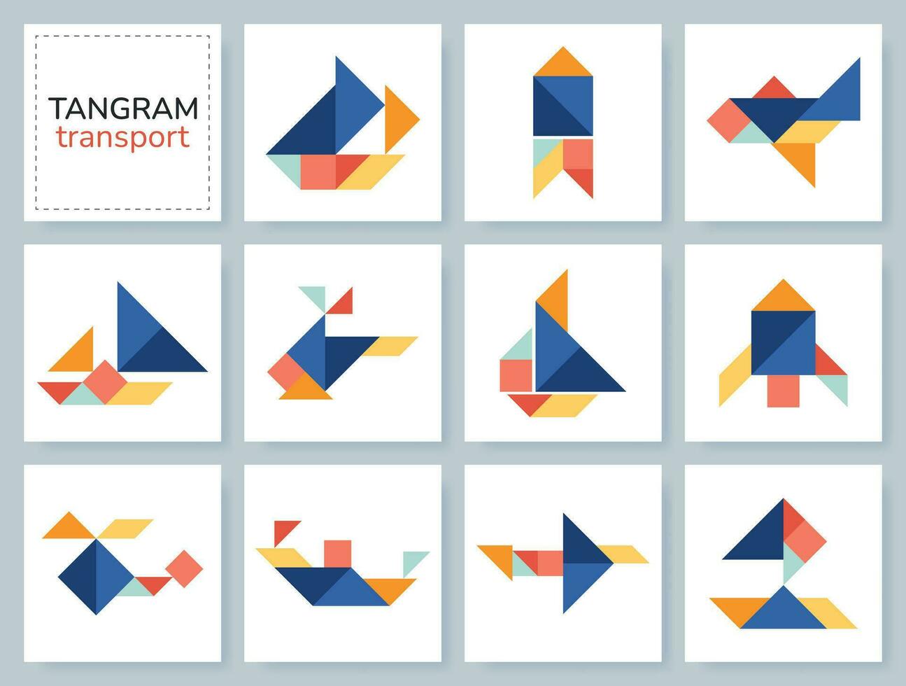 Tangram Puzzle Spiel zum Kinder. Vektor bunt Sammlung mit verschiedene Transport. isoliert Tangram Transport Symbole auf Weiß Hintergrund. Vektor Illustration