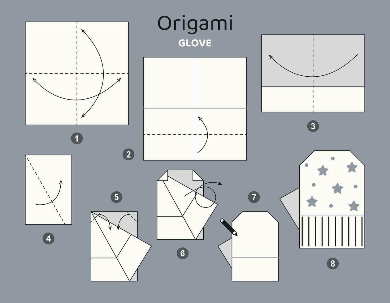 Handschuh Origami planen Lernprogramm ziehen um Modell. Origami zum Kinder. Schritt durch Schritt Wie zu machen ein süß Origami Handschuh. Vektor Illustration.