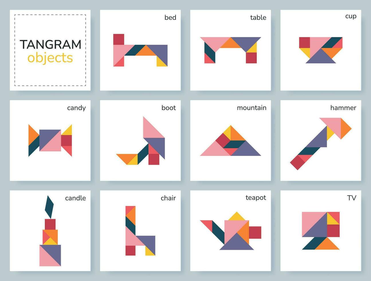 tangram pussel spel för ungar. färgrik geometrisk samling med isolerat objekt. tangram olika ikoner på vit bakgrund. vektor illustration