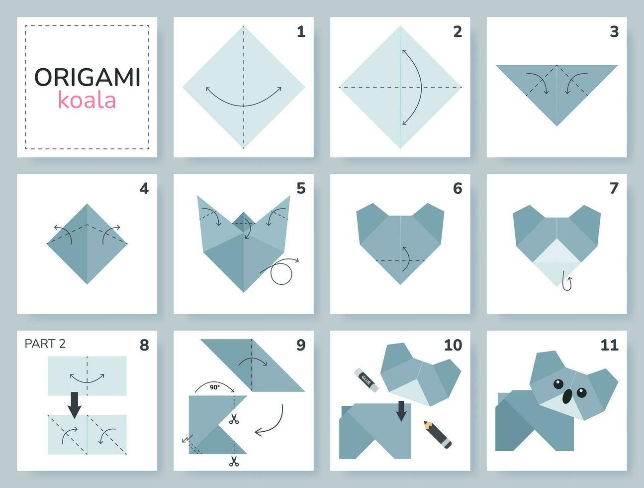 koala origami schema handledning rör på sig modell. origami för ungar. steg förbi steg på vilket sätt till göra en söt origami koala. vektor illustration.