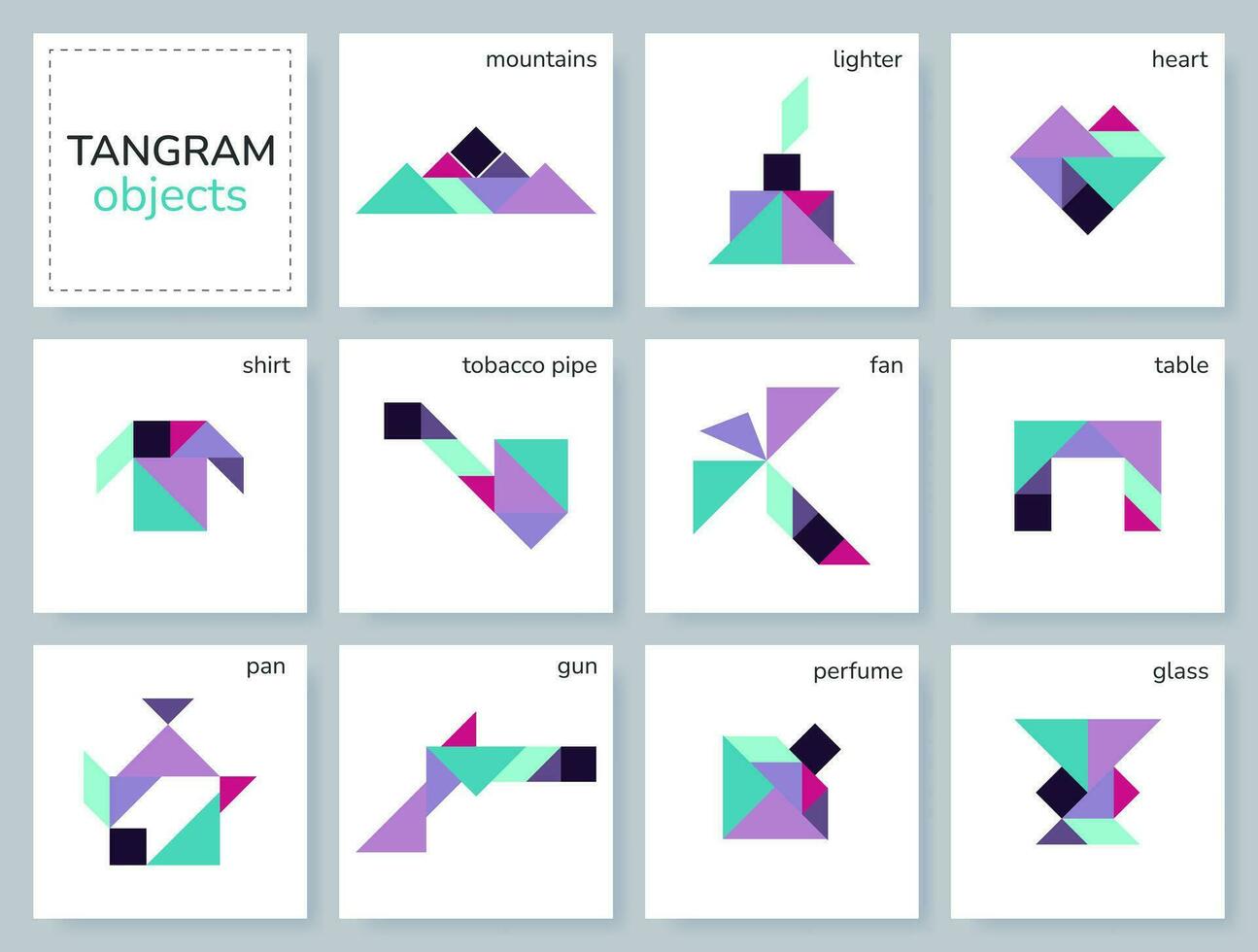 Tangram Puzzle Spiel zum Kinder. bunt geometrisch Sammlung mit isoliert Objekte. Tangram verschiedene Symbole auf Weiß Hintergrund. Vektor Illustration