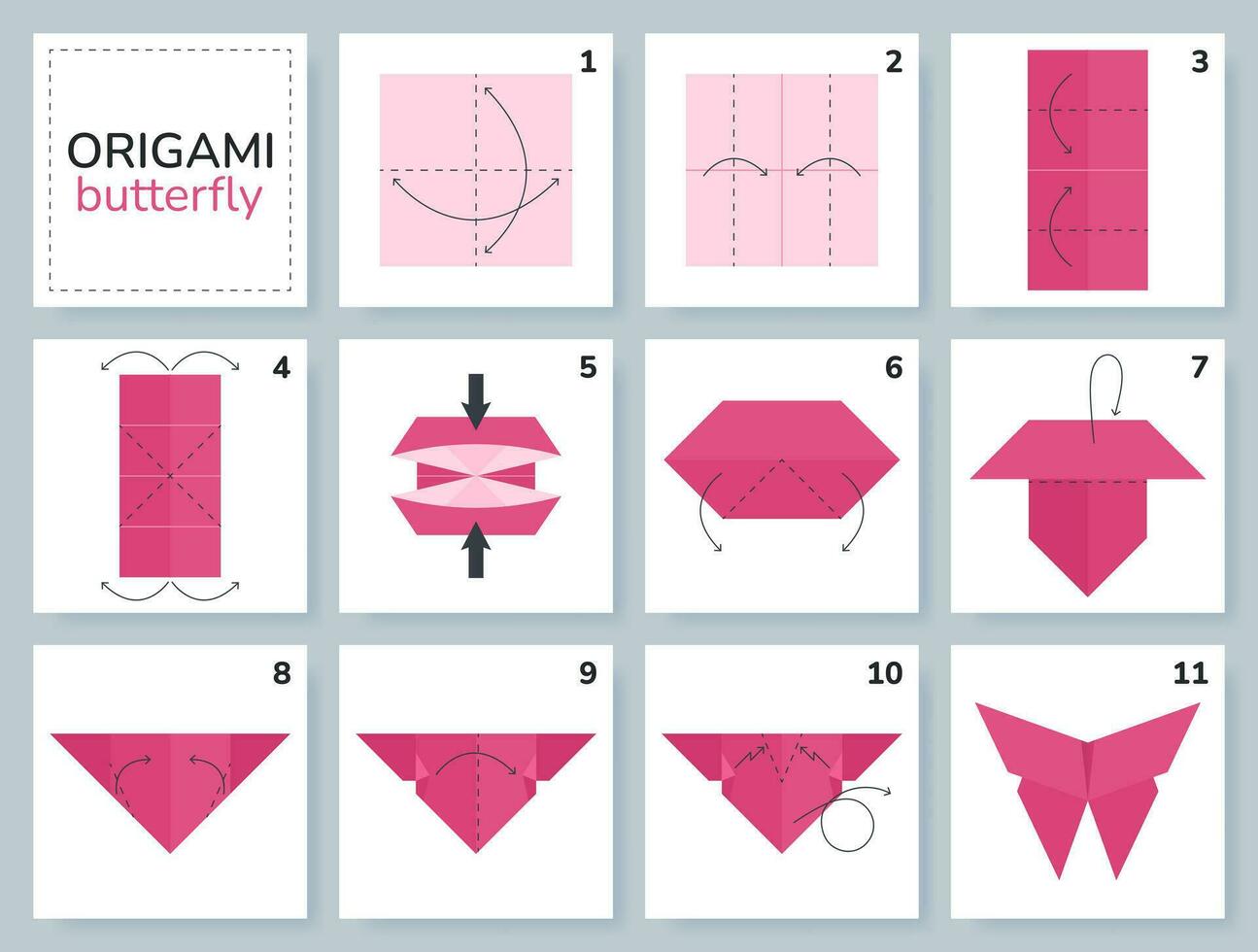 fjäril origami schema handledning rör på sig modell. origami för ungar. steg förbi steg på vilket sätt till göra en söt origami insekt. vektor illustration.