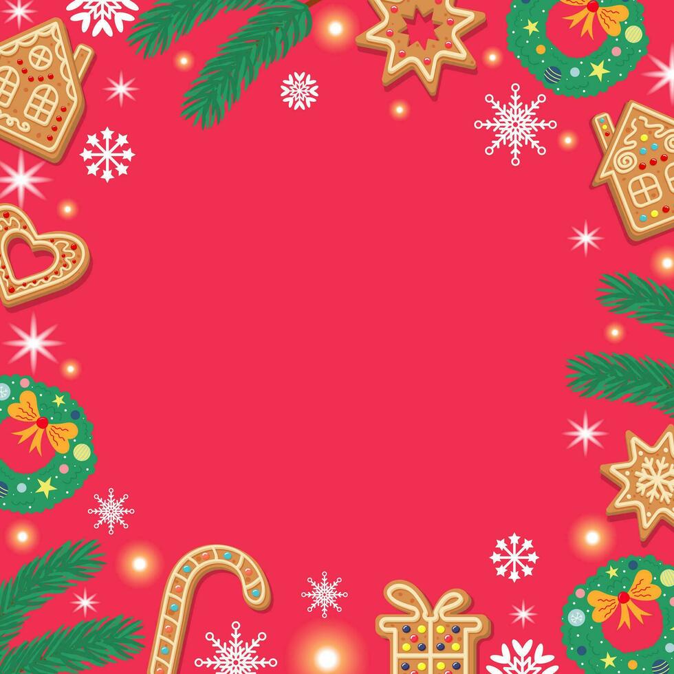 röd bakgrund med snöflingor, pepparkakor, gran kvistar och krans. festlig xmas design. tömma Plats för din text. mall för kort, baner, affisch. vektor