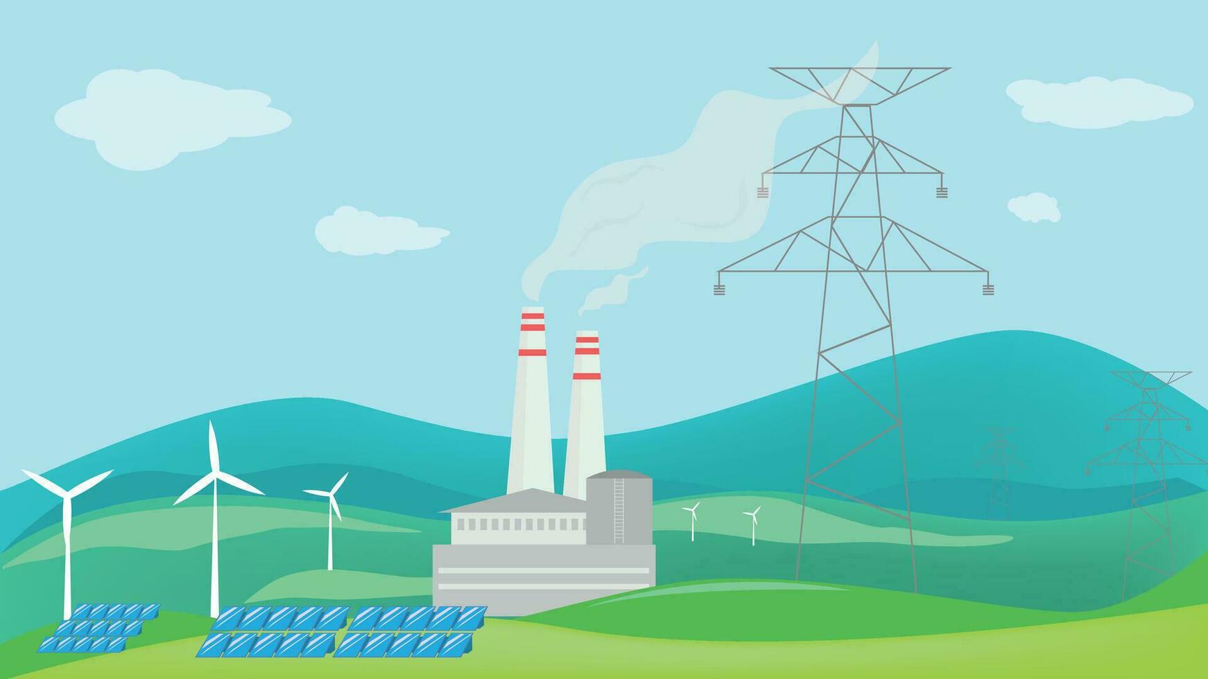 Elektrizität Generation Produktion Vektor Illustration. Leistung Pflanze Landschaft