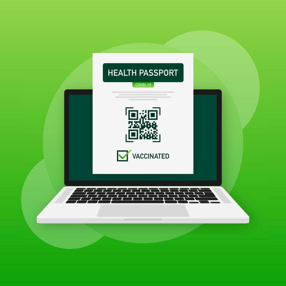 Gesundheit Reisepass qr Code im linear Stil auf Grün Hintergrund. Coronavirus Impfung. Impfstoff Zertifikat Karte vektor