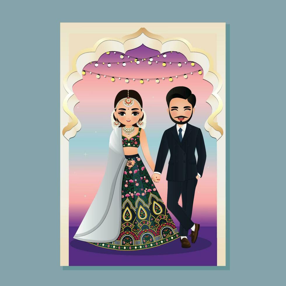 bröllop inbjudningskort bruden och brudgummen söta par i traditionell indisk klänning seriefigur vektor