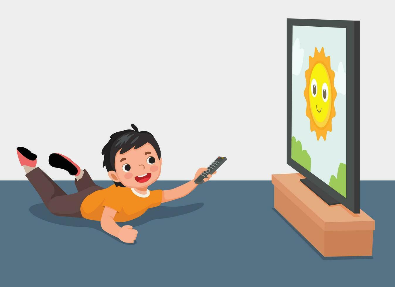 Lycklig liten pojke tittar på TV innehav avlägsen kontrollera Sammanträde på de golv vektor