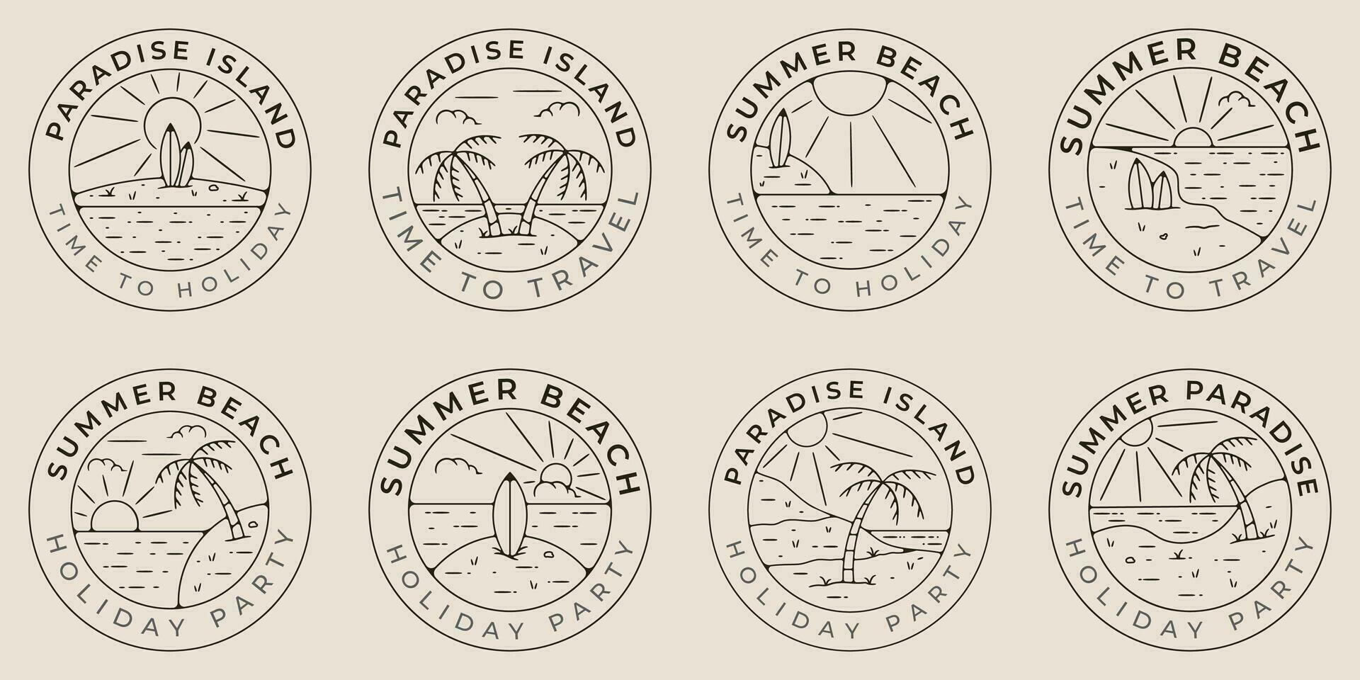 einstellen bündeln Sommer- Strand und Paradies Insel Linie Kunst Logo Symbol Symbol, mit Emblem minimalistisch Vektor Illustration Design.