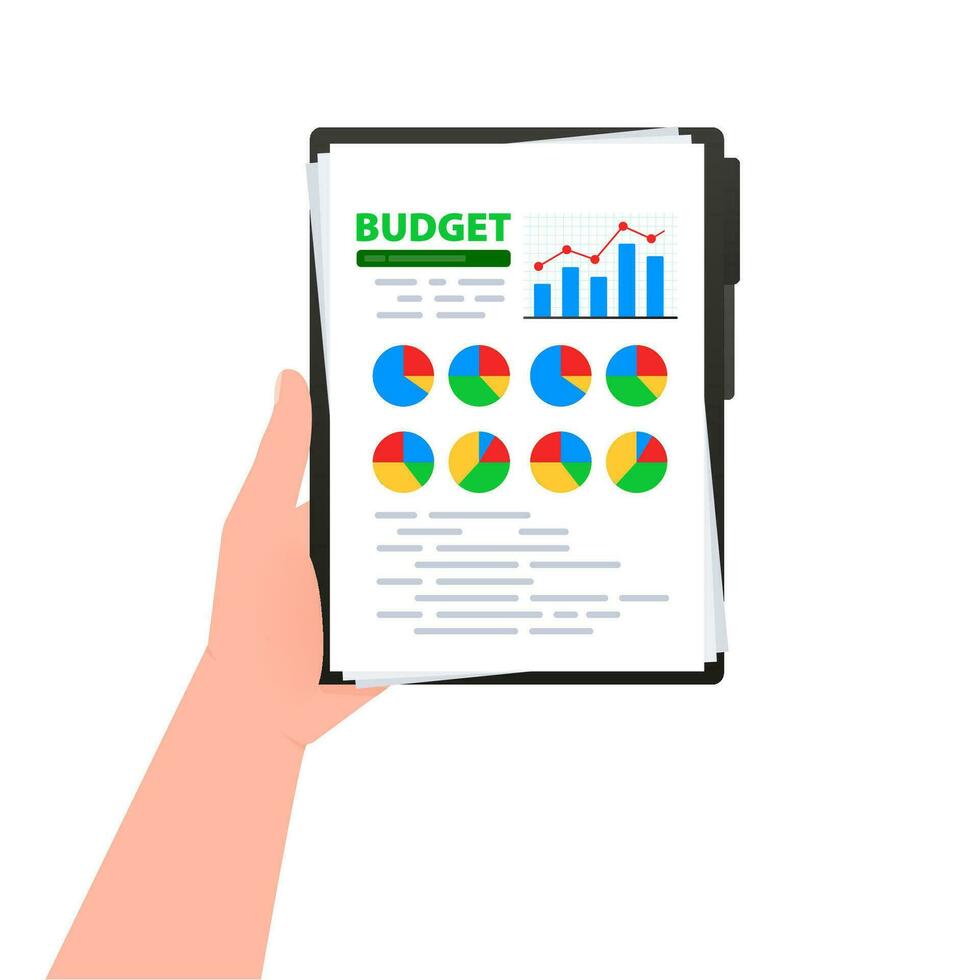 Budget dokumentieren. finanziell Buchhaltung. finanziell Prüfung Forschung Analyse vektor
