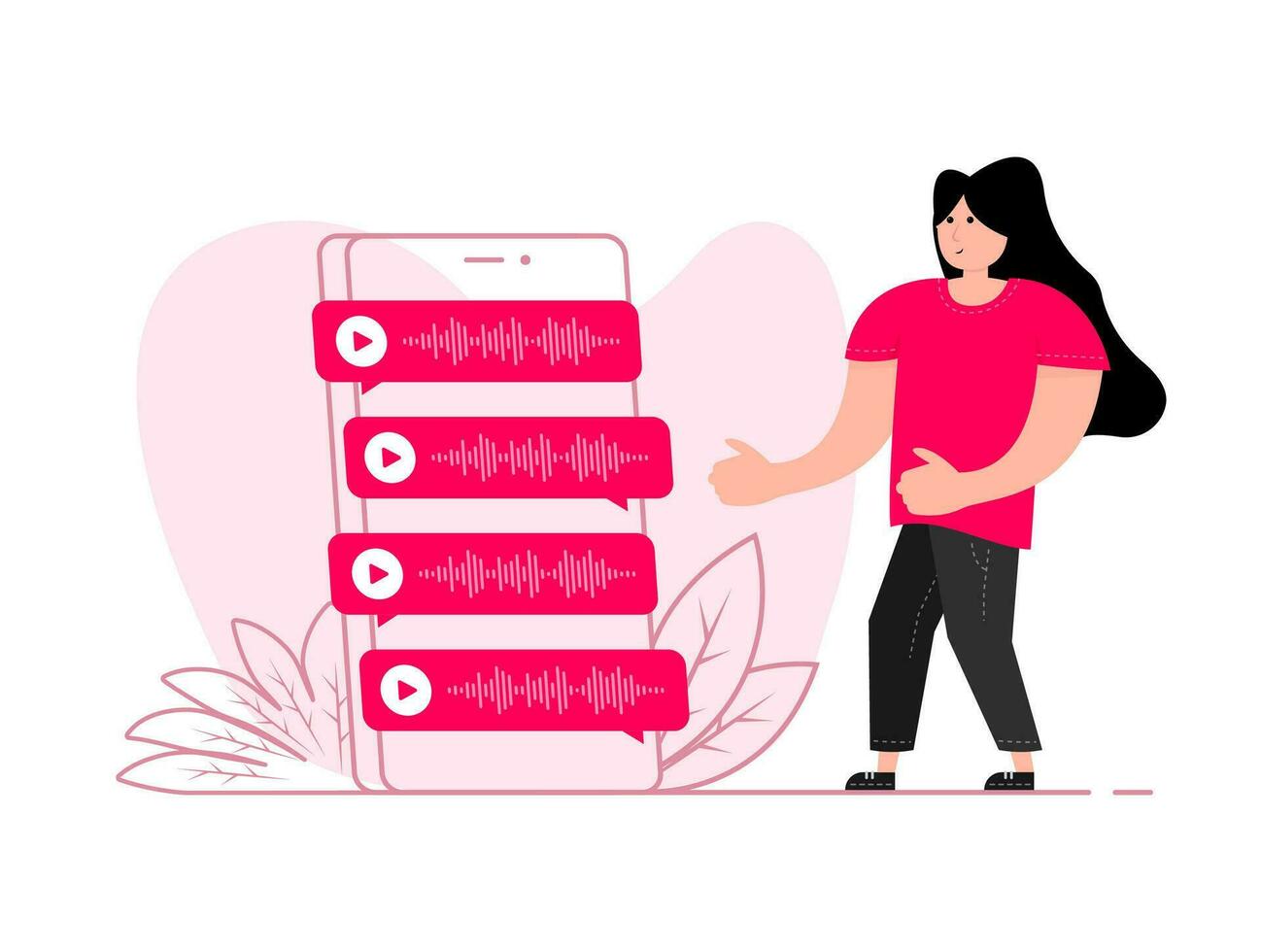 en kvinna står nära de smartphone, på de skärm röst meddelanden. röst meddelandehantering korrespondens. vektor