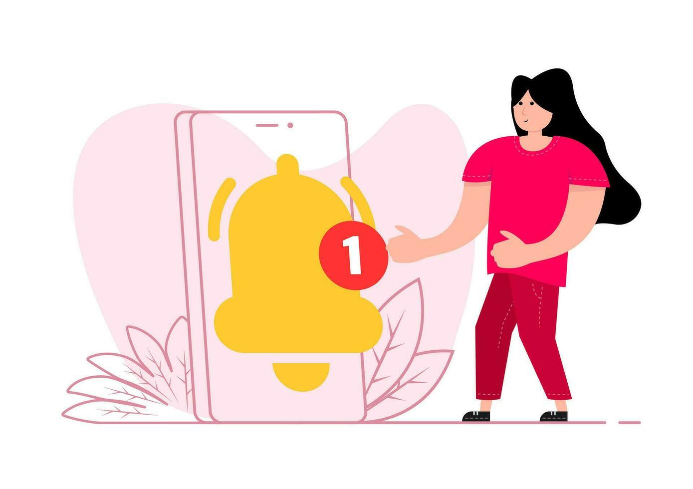 en kvinna står nära de smartphone, på de skärm underrättelse klocka. ringande klocka. ny meddelande. vektor