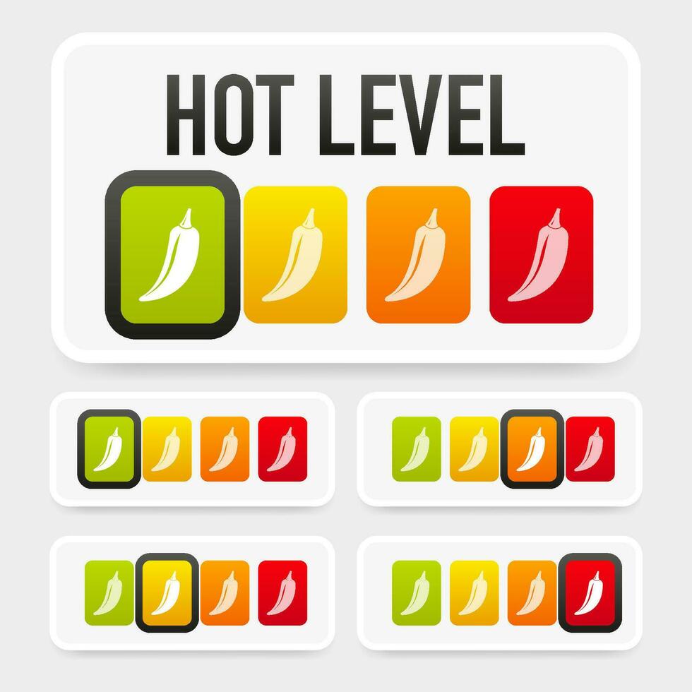 varm peppar styrka skala indikator med mild, medium, varm och Helvete positioner. chili nivå. vektor illustration.