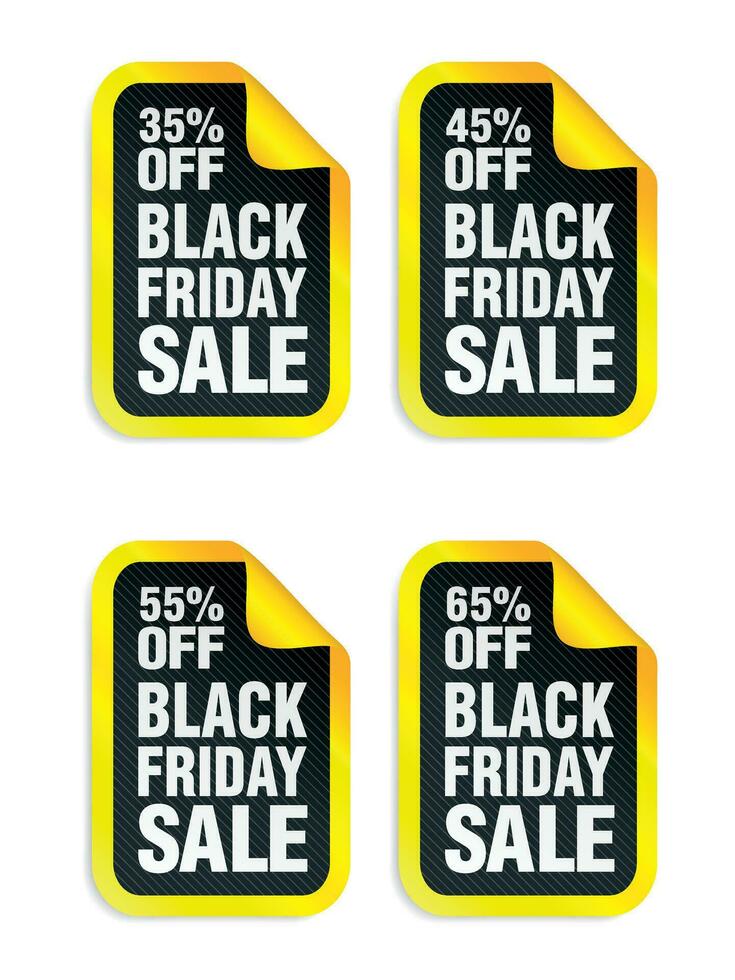 svart fredag försäljning gul klistermärken uppsättning. försäljning 35, 45, 55, 65 av rabatt vektor