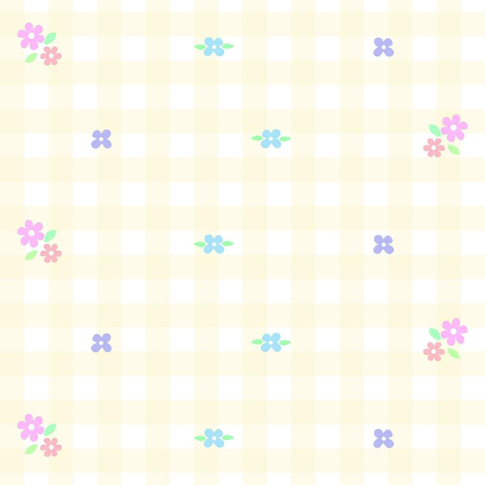 söt färgrik blommor pastell pläd bakgrund gingham mönster bakgrund vektor tecknad serie illustration bordsduk picknick matta omslag papper matta trasa textil- scarf