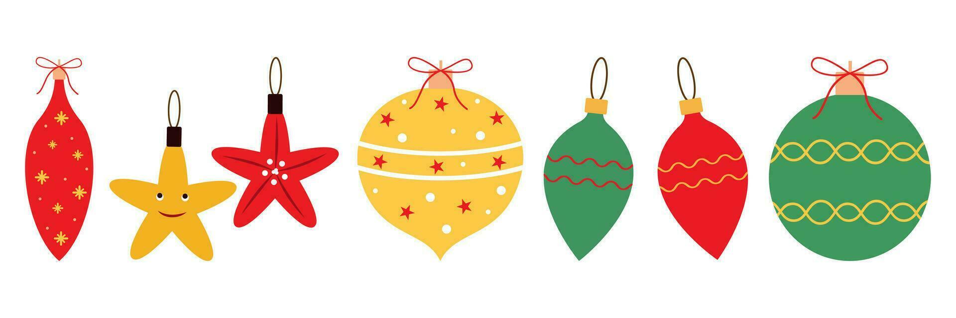jul träd dekorationer isolerat på en vit bakgrund vektor illustration uppsättning. vinter- högtider och fester begrepp. bollar, stjärna, istapp dekor.
