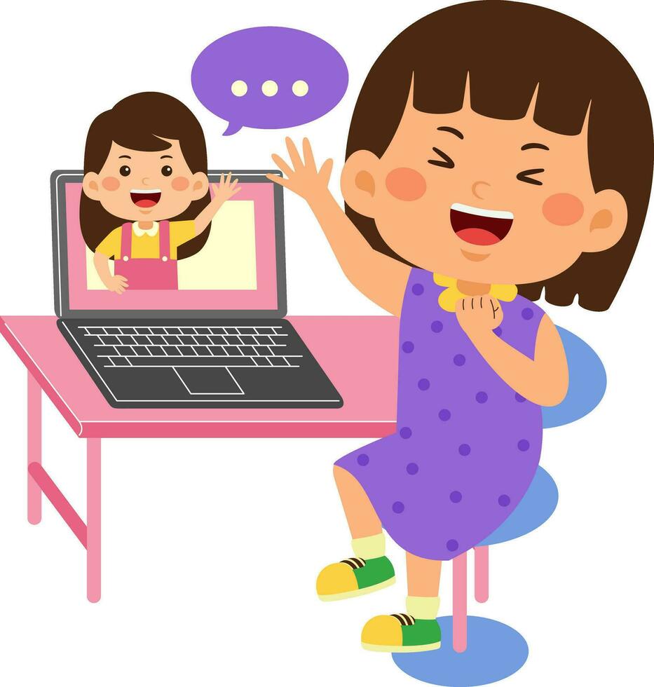 söt liten unge flicka använda sig av bärbar dator vektor