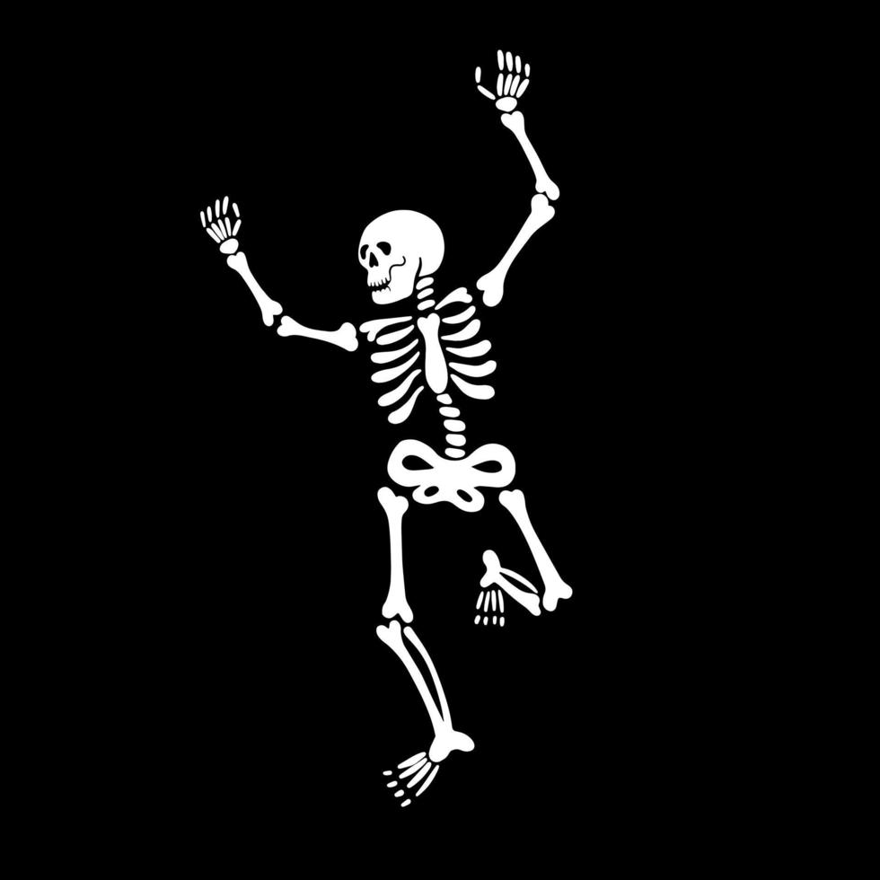 weißes tanzendes Skelett auf schwarzem Hintergrund vektor