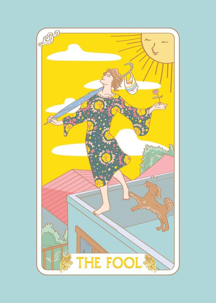 Tarot in pastellfarbenem Design der Dummkopf im gegenwärtigen Themakarikatur. vektor