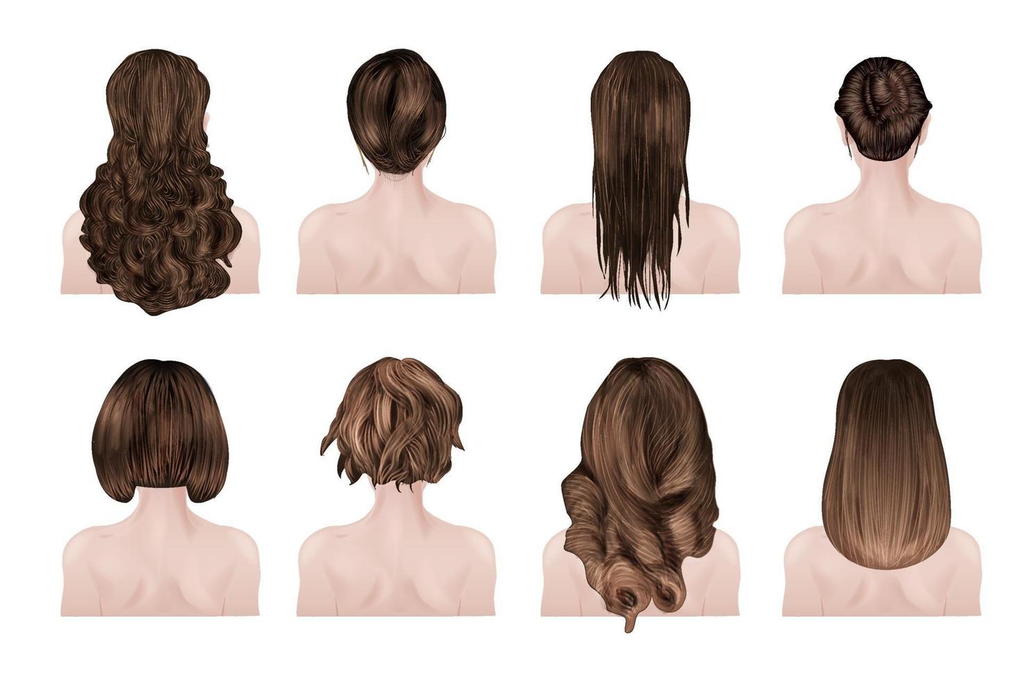 uppsättning realistiska fashionabla frisyrer brun färg för kvinnor set vektor