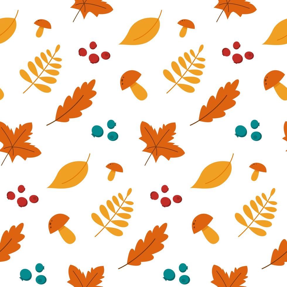 nahtloses Muster Herbstlaub Pilze und Beeren vektor