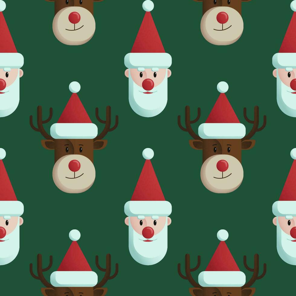 nahtlos Weihnachten Muster mit Santa claus und Rentier. Weihnachten Zeichen im Karikatur Stil auf ein Grün Hintergrund. Neu Jahr Vektor Design zum Verpackung, Stoff, und Verpackung.