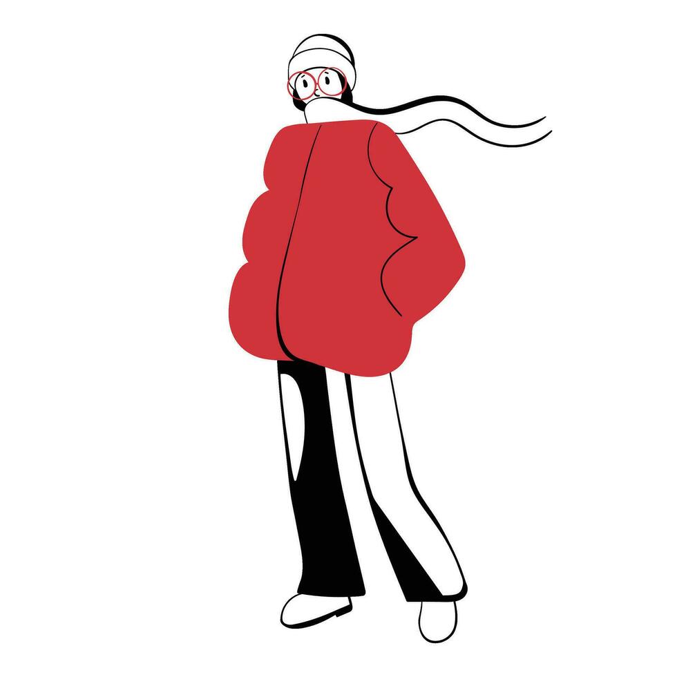 jung Frau Stehen im Frühling Winter stilvoll Outfit. ein modern handgemalt weiblich Charakter im das rot Jacke. glücklich Mädchen tragen beiläufig Kleidung. eben Vektor Illustration isoliert auf ein Weiß Hintergrund