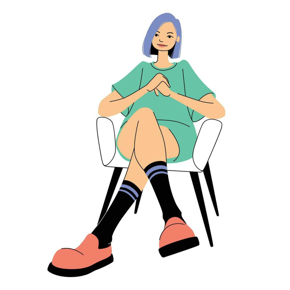 jung, stilvoll Mädchen Sitzung auf ein Stuhl, gekleidet im ein modisch Kleid und Stiefel. Karikatur Charakter von ein zeitgenössisch zuversichtlich Frau. Vektor Illustration