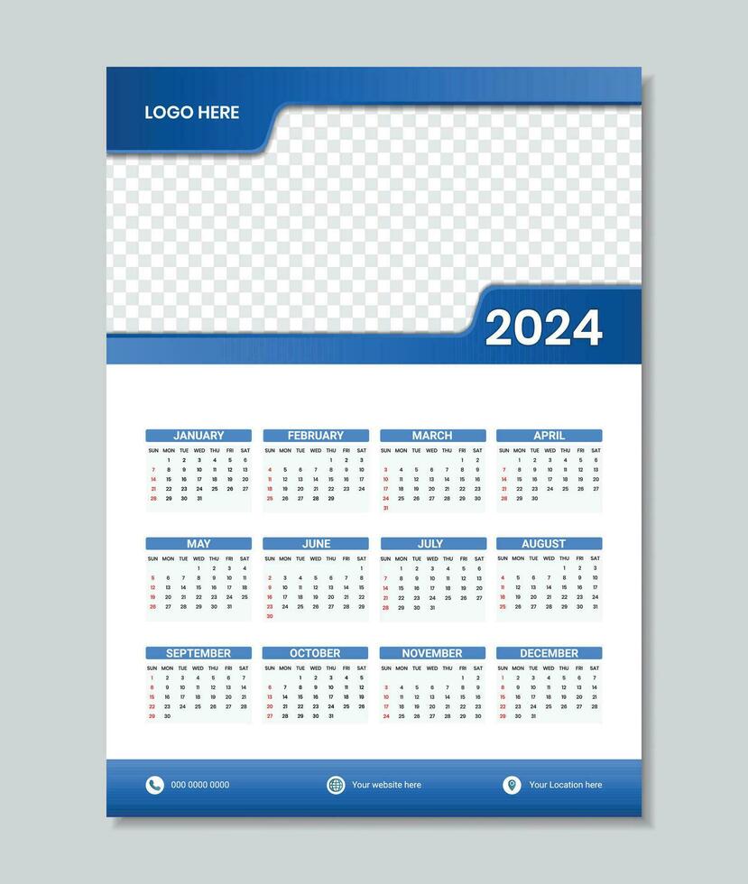 en gång i månaden kalender mall för 2024 år. vecka börjar på söndag. vägg kalender mall design. vektor