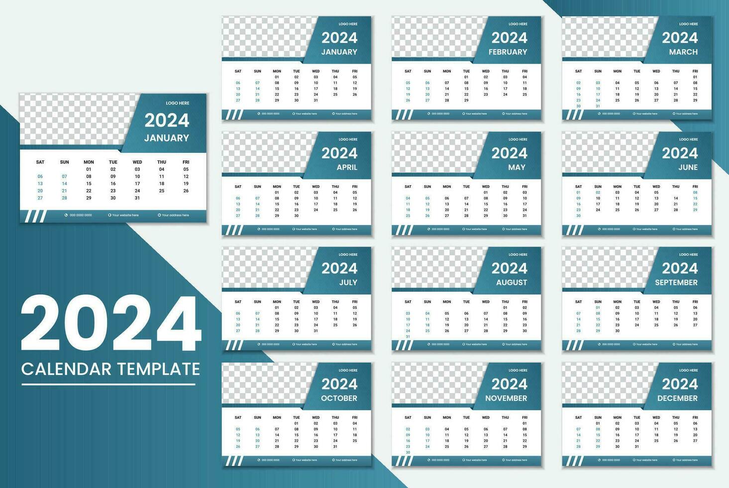 Schreibtisch Kalender 2024 oder monatlich wöchentlich Zeitplan Neu Jahr Kalender 2024 Design Vorlage. vektor