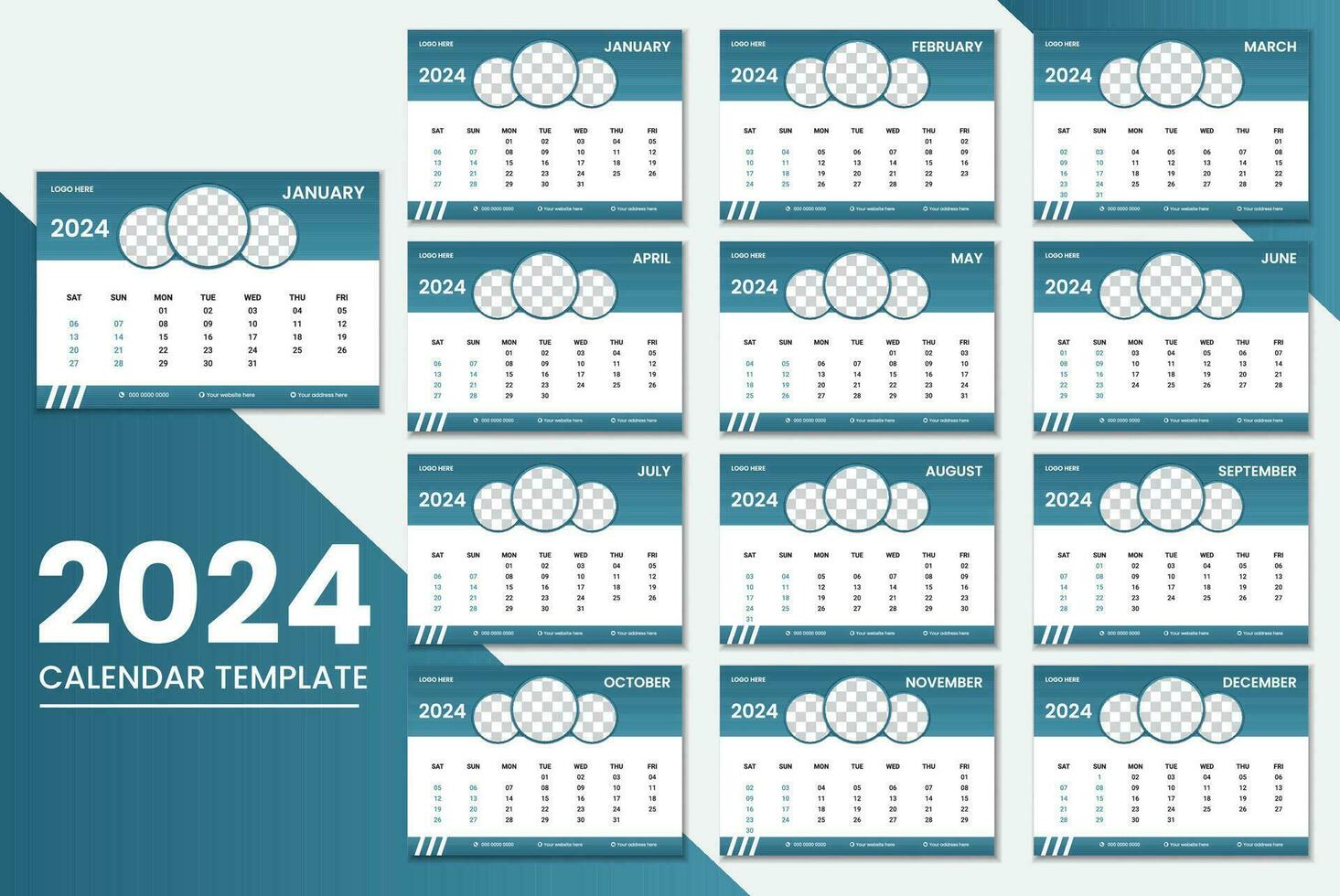 Schreibtisch Kalender 2024 oder monatlich wöchentlich Zeitplan Neu Jahr Kalender 2024 Design Vorlage. vektor