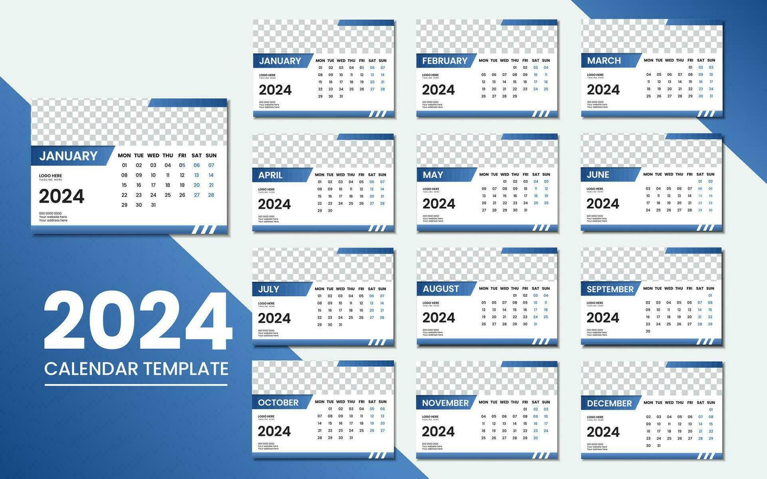 Schreibtisch Kalender 2024 oder monatlich wöchentlich Zeitplan Neu Jahr Kalender 2024 Design Vorlage. vektor